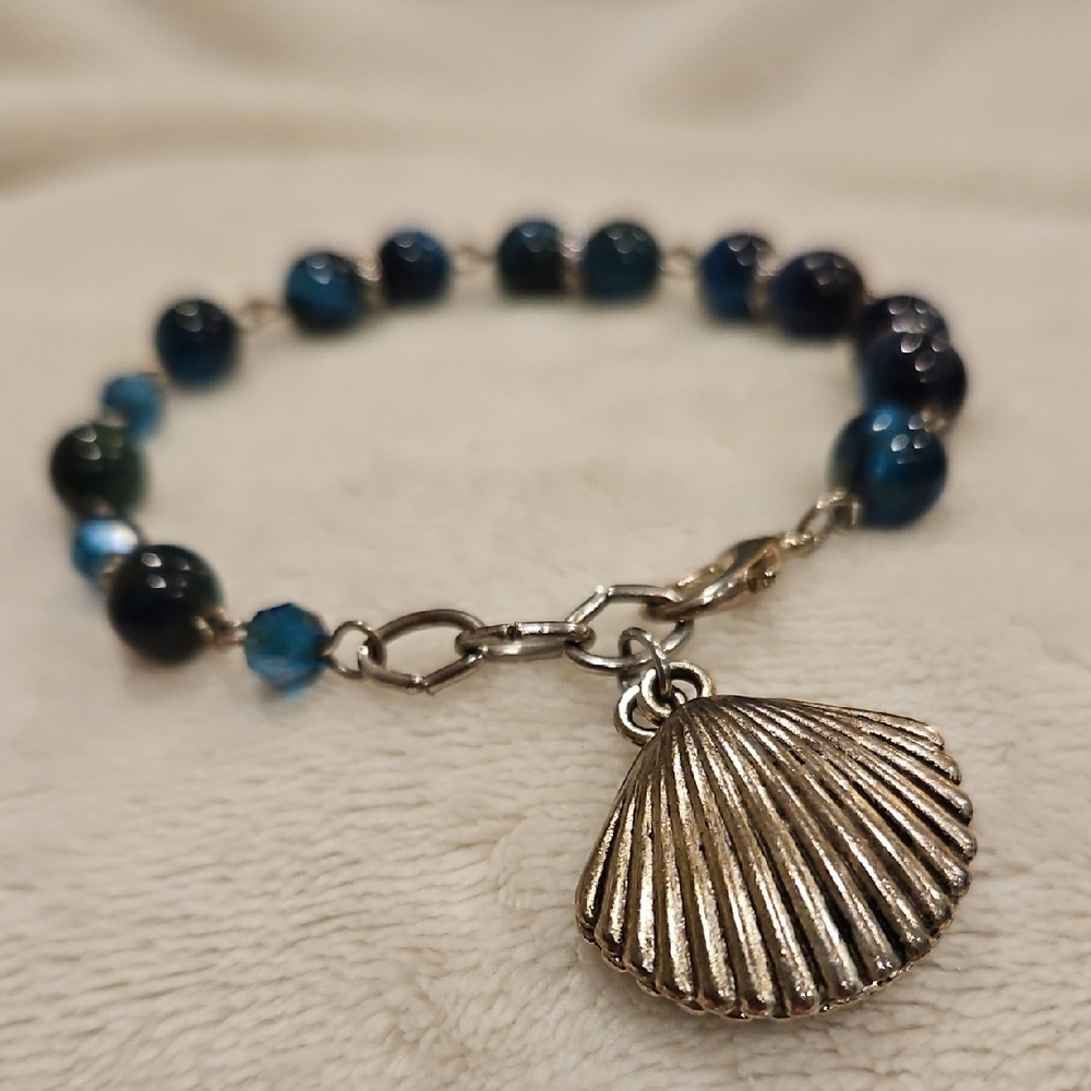 Ocean Charm Bracelet with Silver Shell and Blue Beads